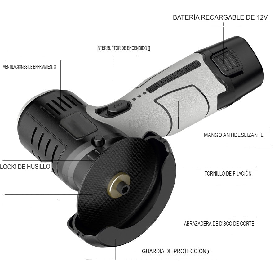 Mini amoladora angular de 12 V con disco de corte